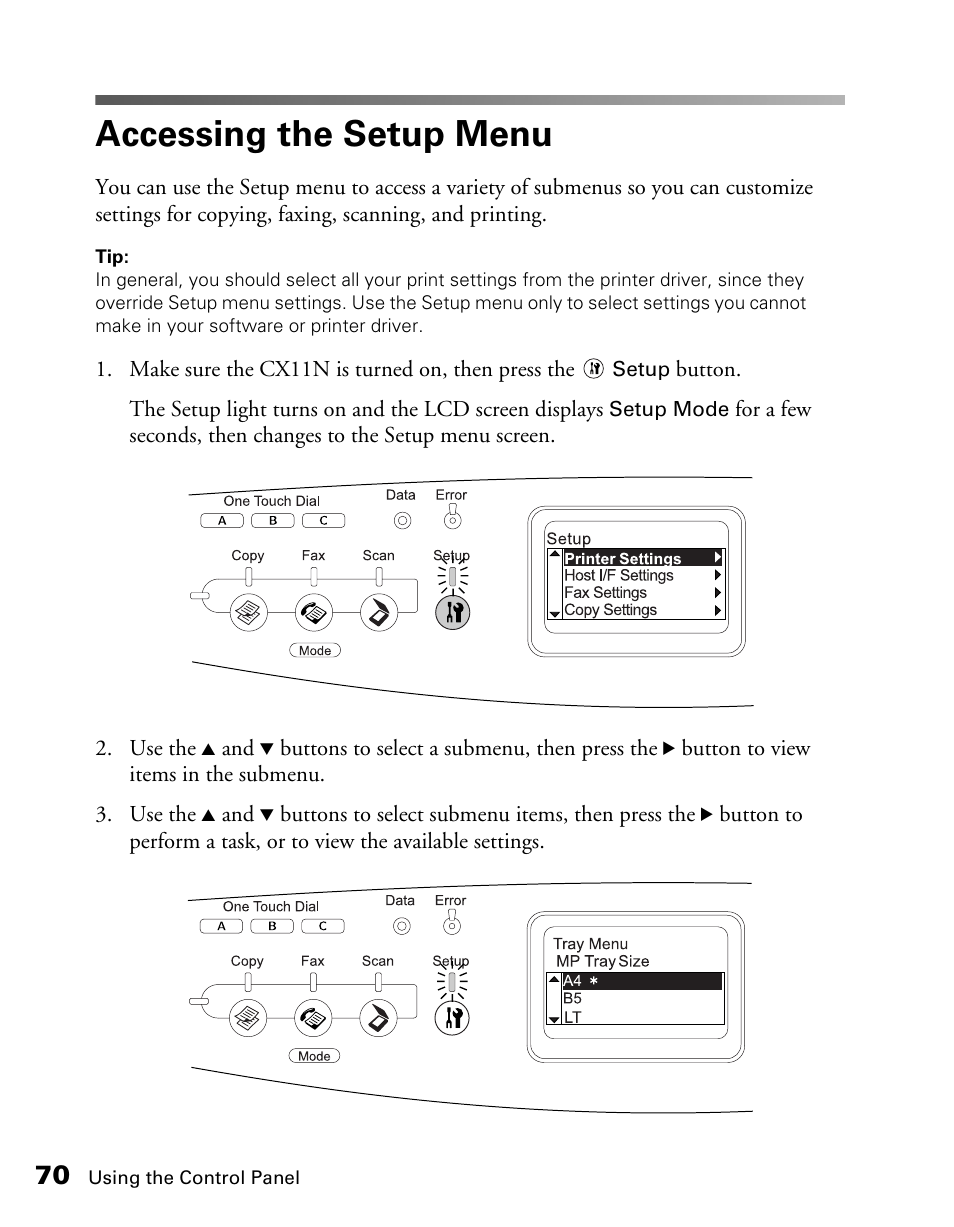 Accessing the setup menu | Epson CX11NF User Manual | Page 70 / 144