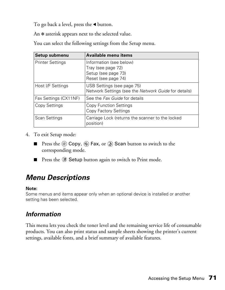 Menu descriptions, Information | Epson CX11NF User Manual | Page 71 / 144