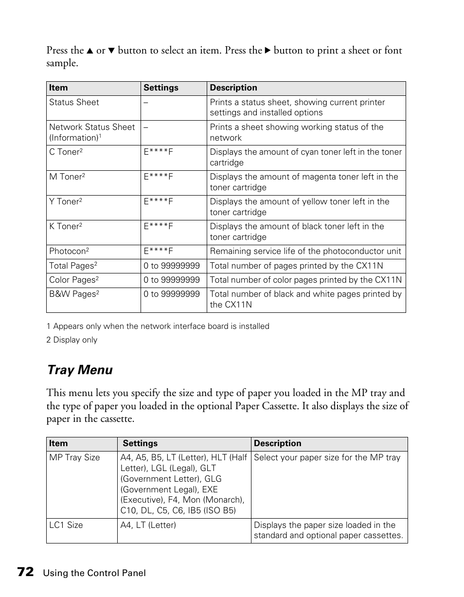 Tray menu, Press the, Button to select an item. press the | Button to print a sheet or font sample | Epson CX11NF User Manual | Page 72 / 144