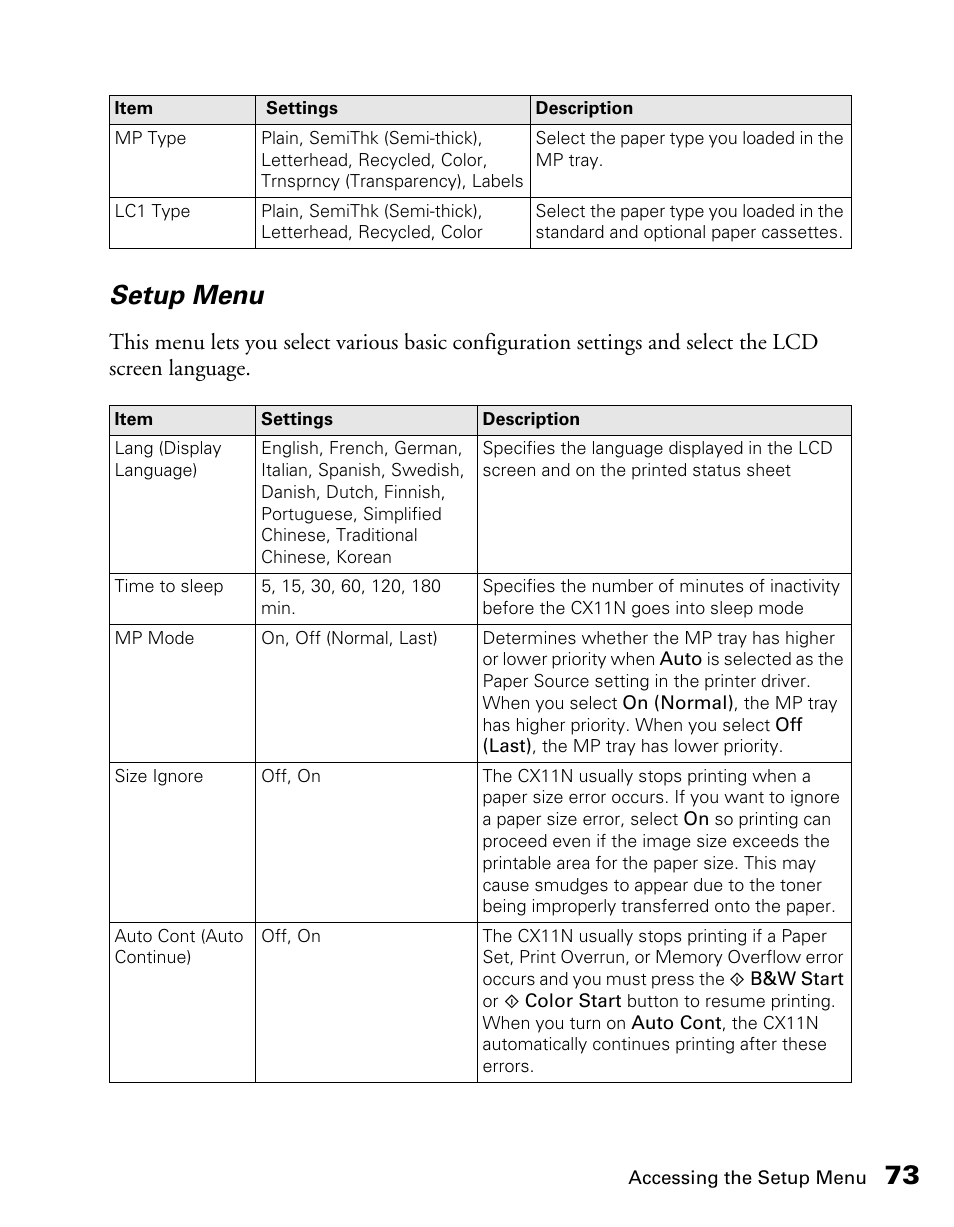 73 setup menu | Epson CX11NF User Manual | Page 73 / 144