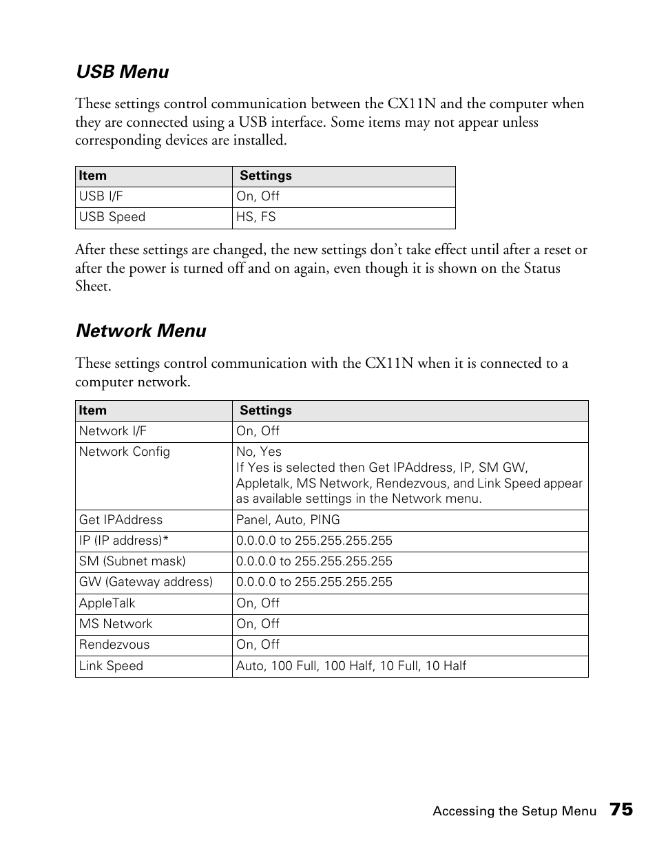 75 usb menu, Network menu | Epson CX11NF User Manual | Page 75 / 144