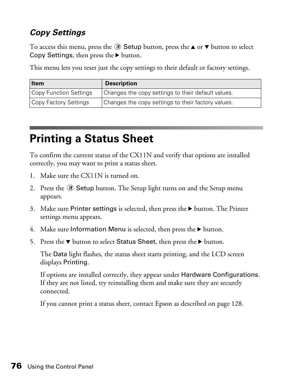 Printing a status sheet, Copy settings | Epson CX11NF User Manual | Page 76 / 144