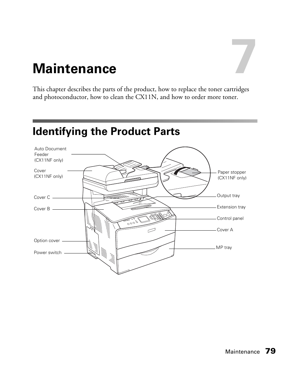 Maintenance, Identifying the product parts | Epson CX11NF User Manual | Page 79 / 144