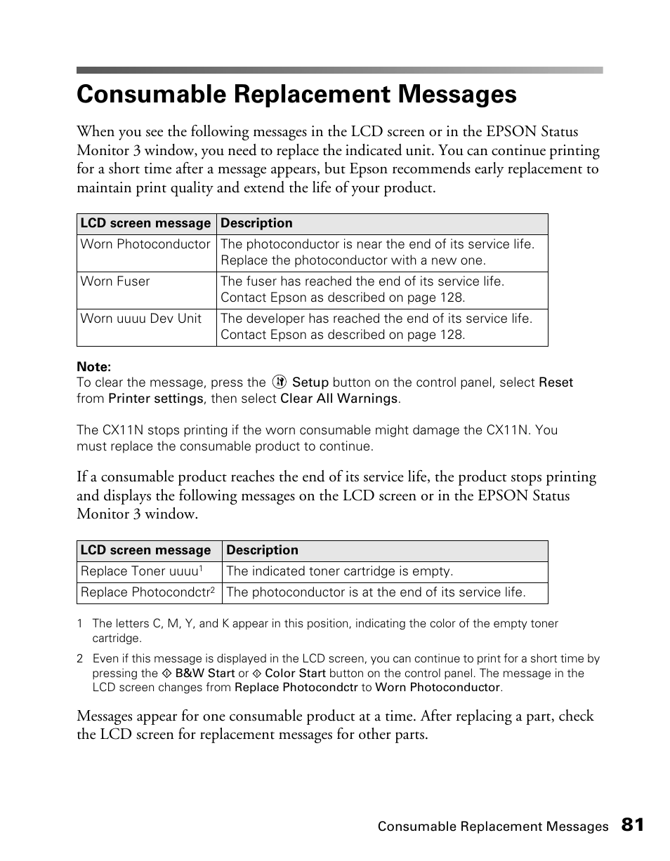 Consumable replacement messages | Epson CX11NF User Manual | Page 81 / 144