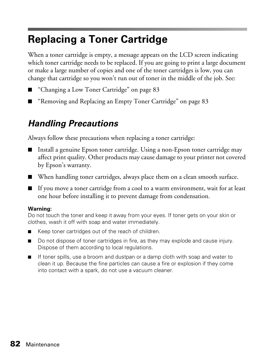 Replacing a toner cartridge, Handling precautions | Epson CX11NF User Manual | Page 82 / 144