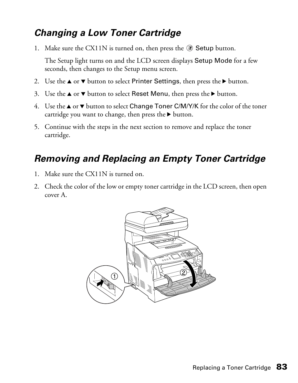 Changing a low toner cartridge, Removing and replacing an empty toner cartridge | Epson CX11NF User Manual | Page 83 / 144