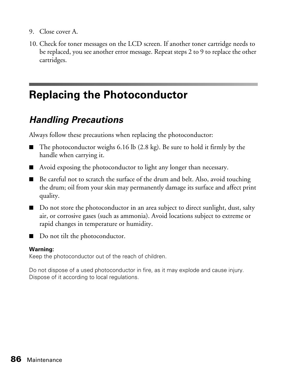 Replacing the photoconductor, Handling precautions | Epson CX11NF User Manual | Page 86 / 144