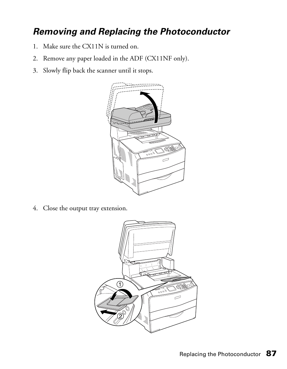 Removing and replacing the photoconductor | Epson CX11NF User Manual | Page 87 / 144