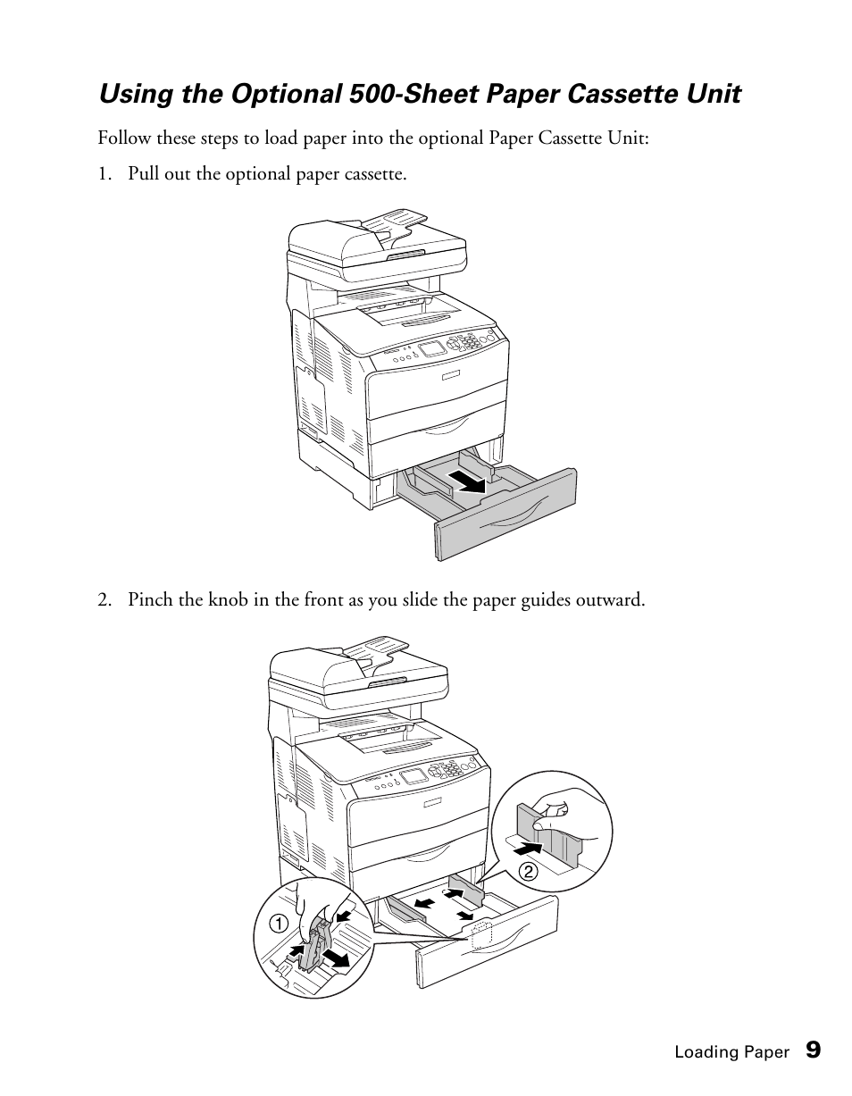 Using the optional 500-sheet paper cassette unit | Epson CX11NF User Manual | Page 9 / 144