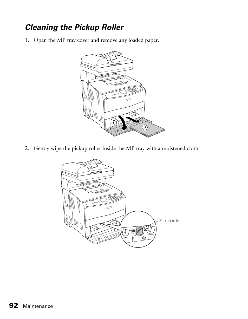 Cleaning the pickup roller | Epson CX11NF User Manual | Page 92 / 144