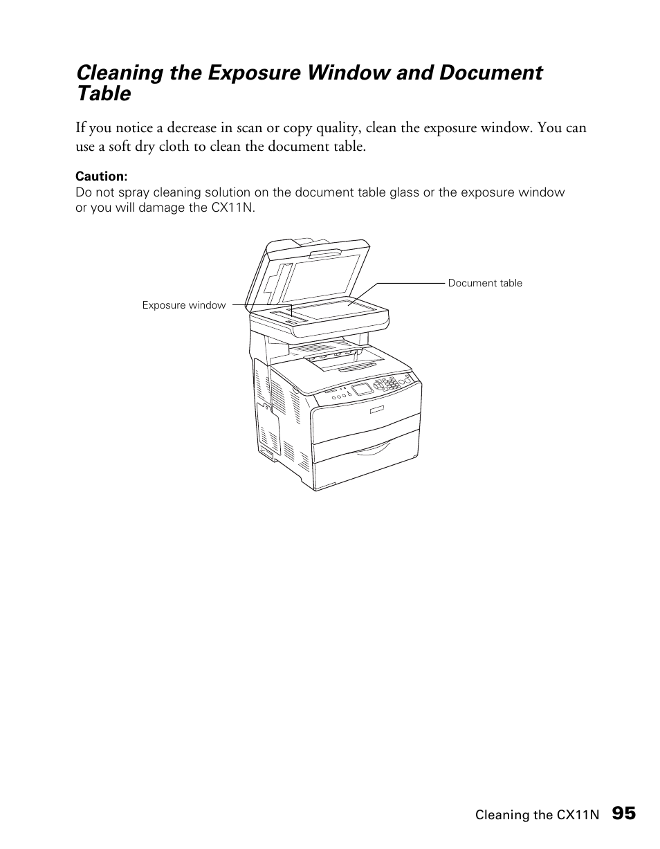 Cleaning the exposure window and document table | Epson CX11NF User Manual | Page 95 / 144