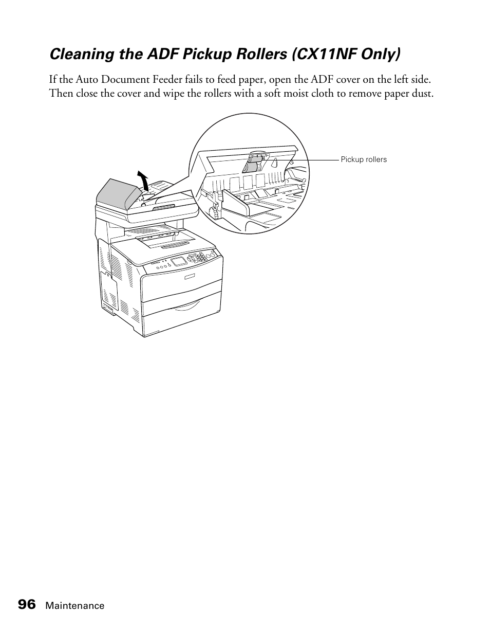 Cleaning the adf pickup rollers (cx11nf only) | Epson CX11NF User Manual | Page 96 / 144