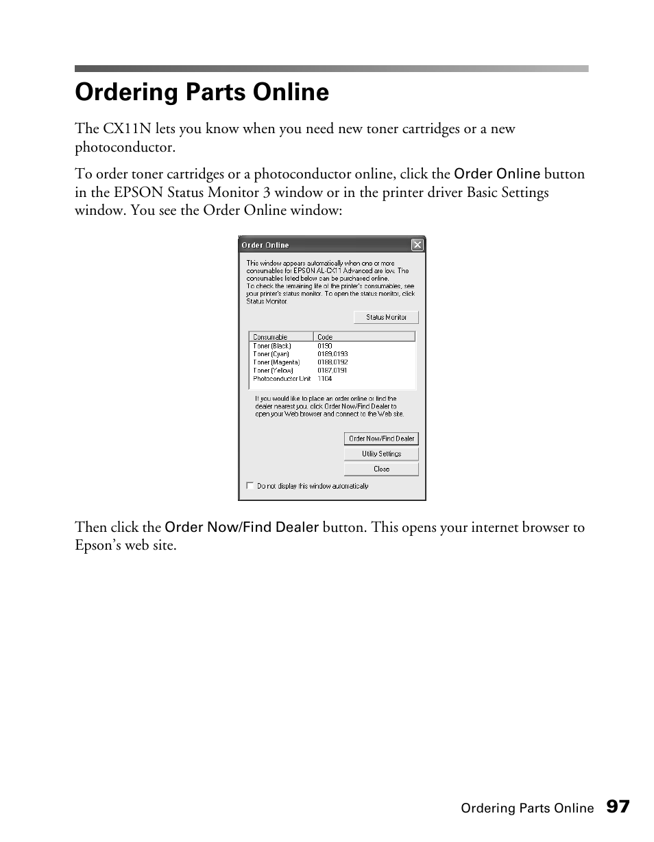 Ordering parts online | Epson CX11NF User Manual | Page 97 / 144