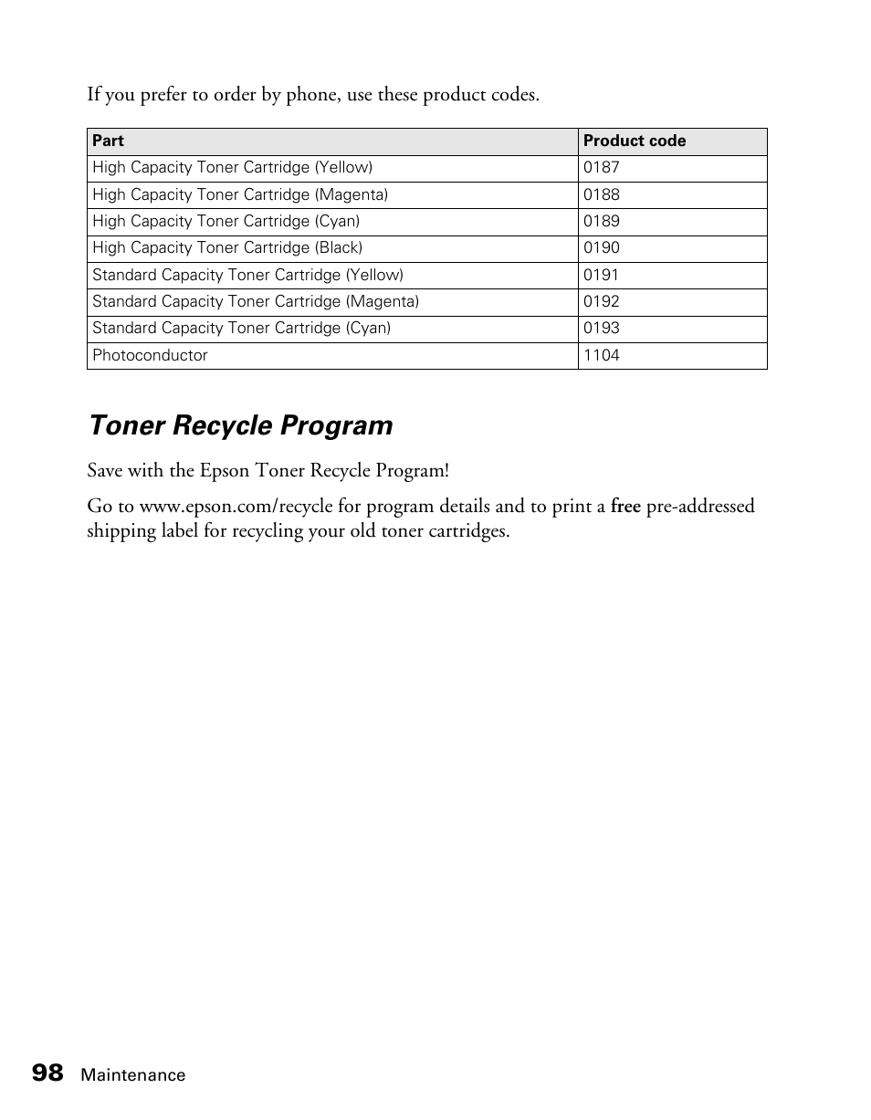 Toner recycle program | Epson CX11NF User Manual | Page 98 / 144