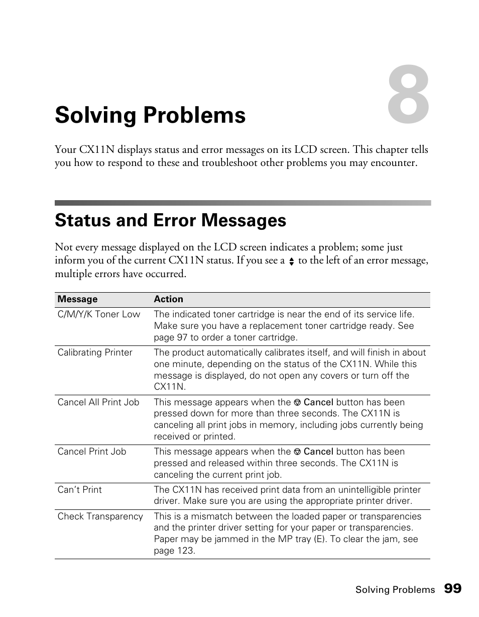 Solving problems, Status and error messages | Epson CX11NF User Manual | Page 99 / 144