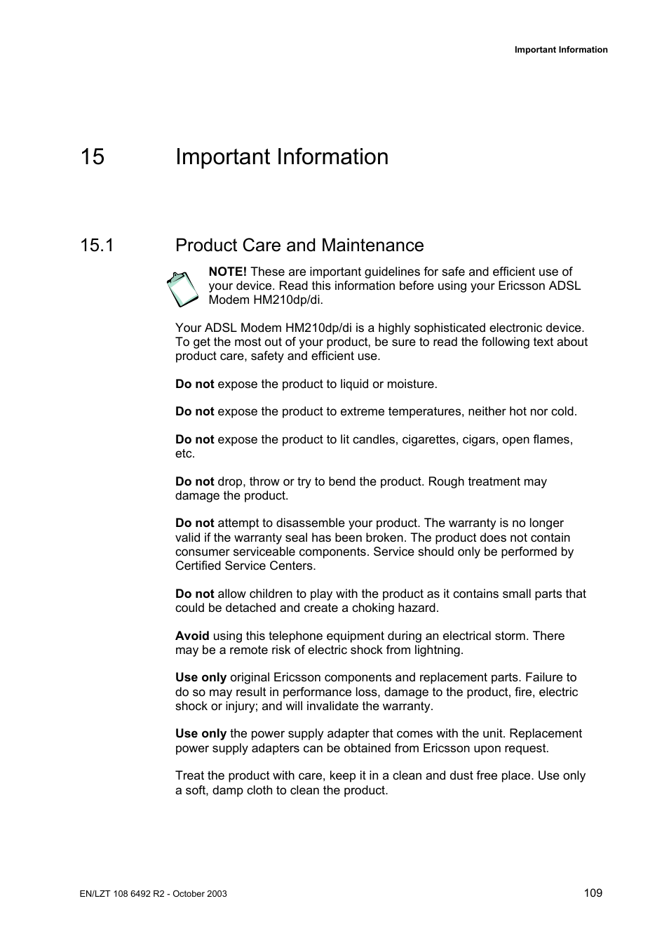 15 important information, 1 product care and maintenance | Garmin HM210DP/DI User Manual | Page 117 / 135