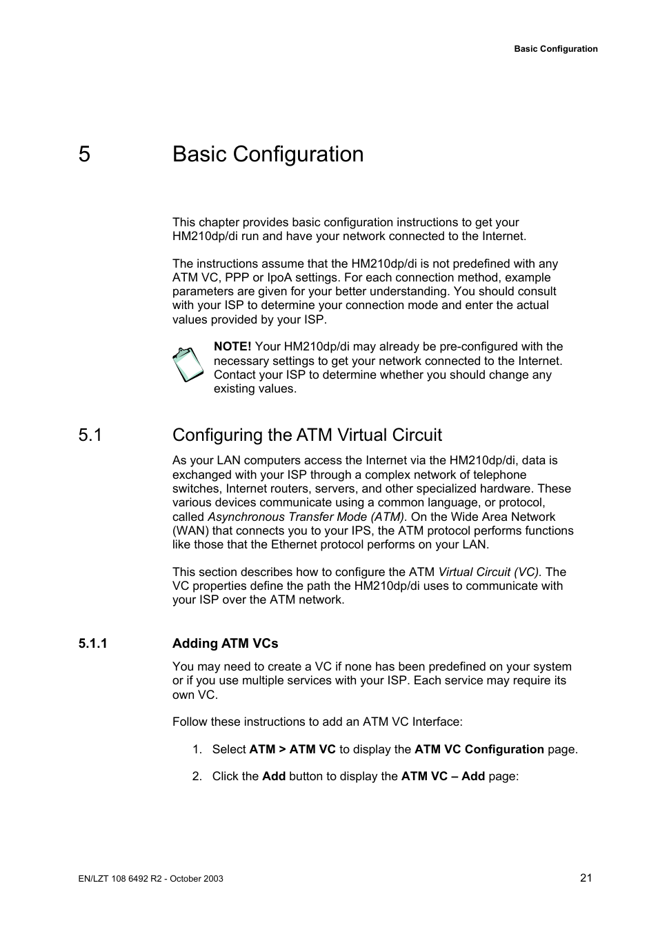 5 basic configuration, 1 configuring the atm virtual circuit | Garmin HM210DP/DI User Manual | Page 29 / 135