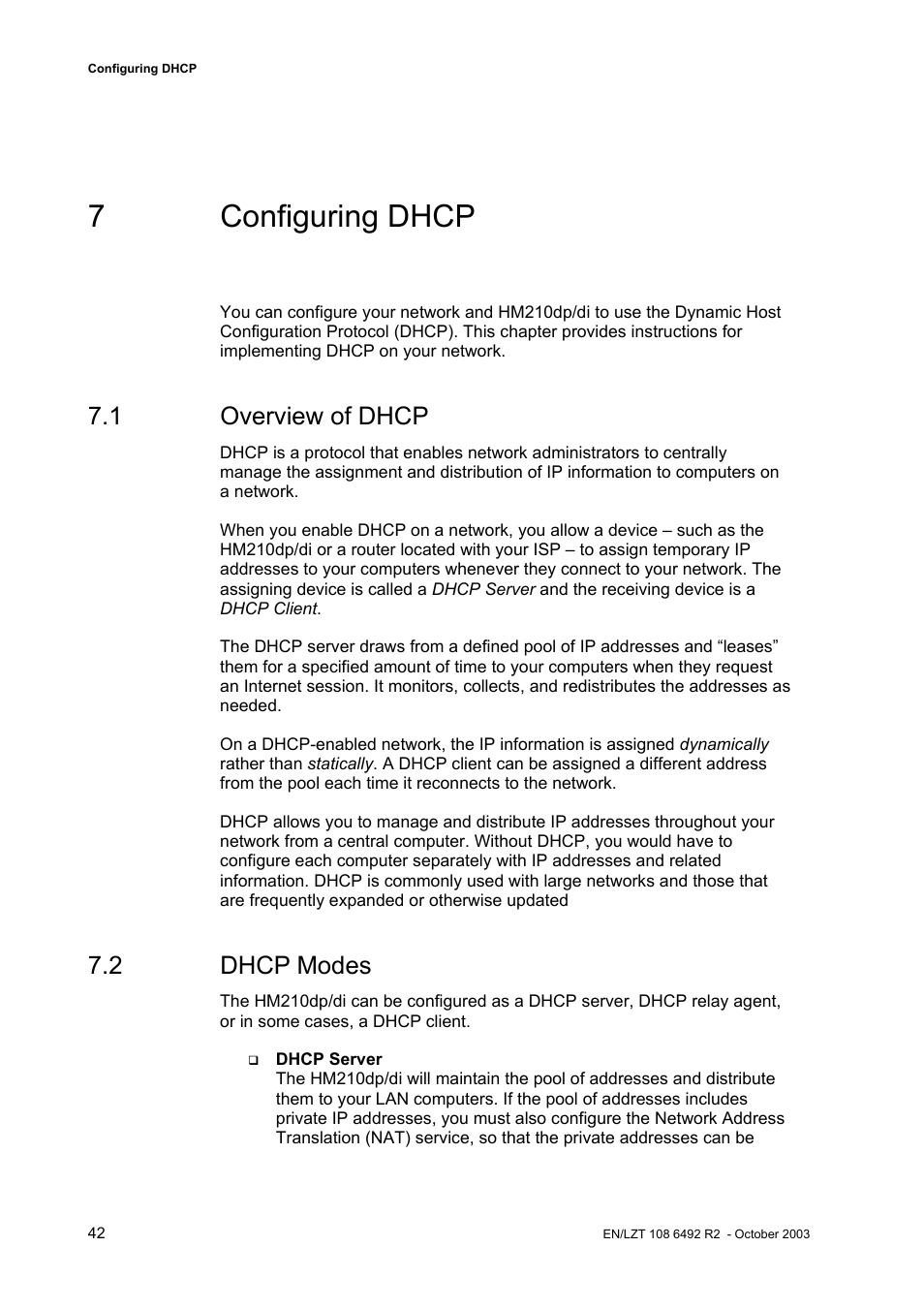 7 configuring dhcp, 1 overview of dhcp, 2 dhcp modes | Garmin HM210DP/DI User Manual | Page 50 / 135