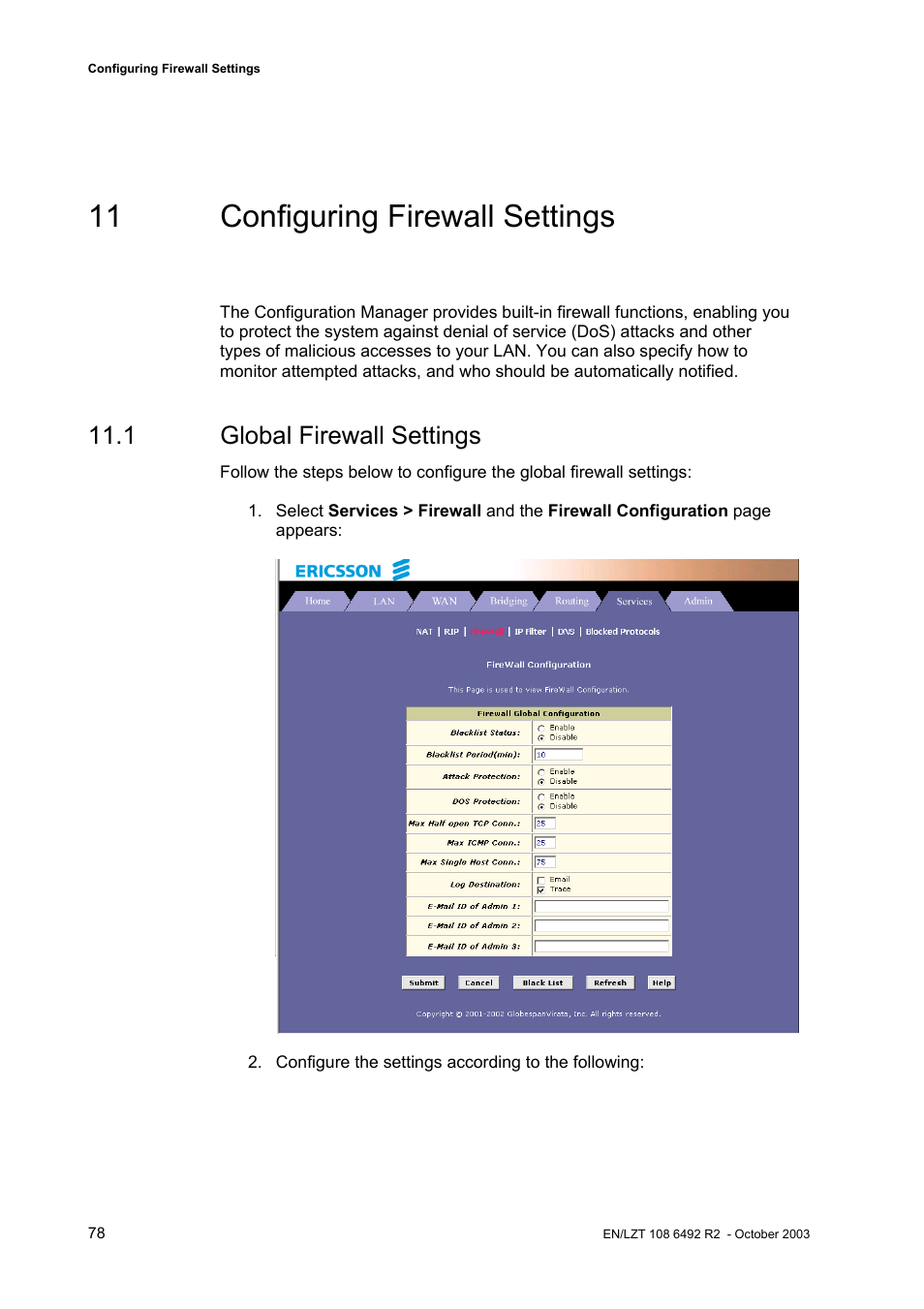 11 configuring firewall settings, 1 global firewall settings | Garmin HM210DP/DI User Manual | Page 86 / 135