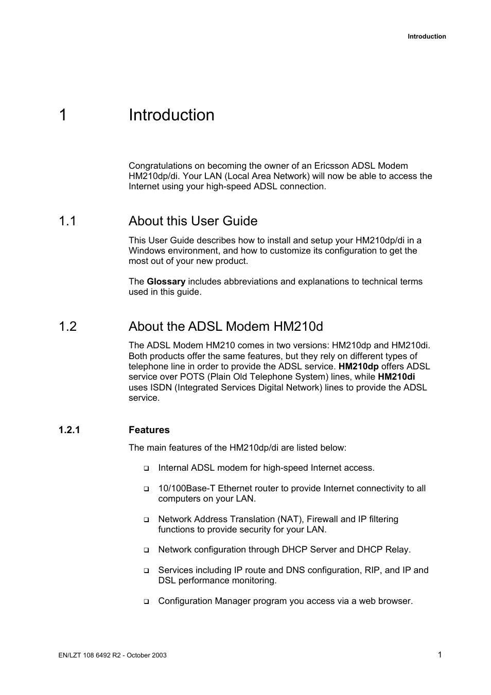 1 introduction, 1 about this user guide, 2 about the adsl modem hm210d | Garmin HM210DP/DI User Manual | Page 9 / 135