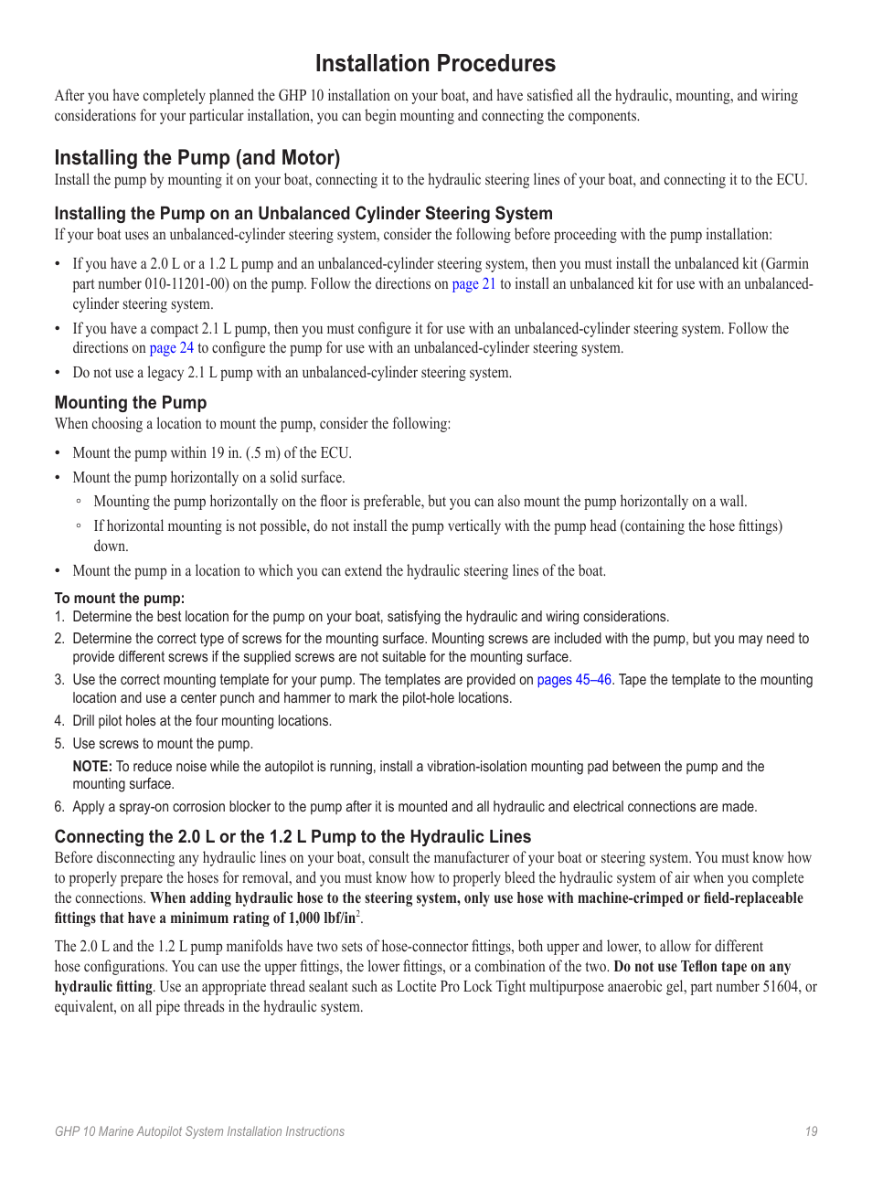 Installation procedures, Installing the pump (and motor), Mounting the pump | Garmin GHP 10 User Manual | Page 19 / 48
