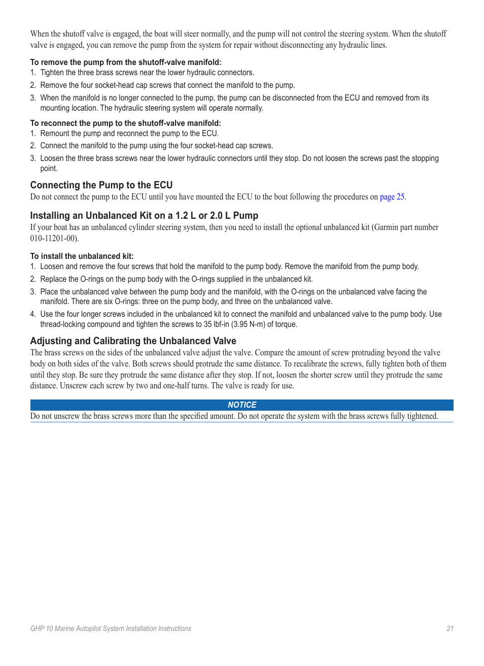 Connecting the pump to the ecu, Adjusting and calibrating the unbalanced valve, Unbalanced valve on the pump | Garmin GHP 10 User Manual | Page 21 / 48