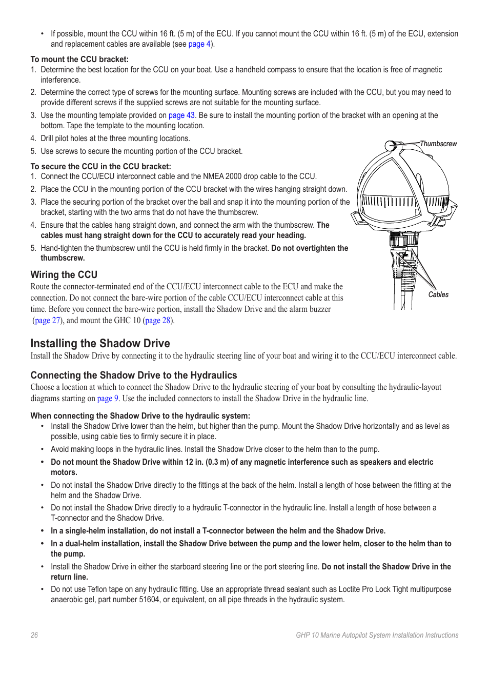 Wiring the ccu, Installing the shadow drive, Connecting the shadow drive to the hydraulics | For wiring instructions and diagrams | Garmin GHP 10 User Manual | Page 26 / 48