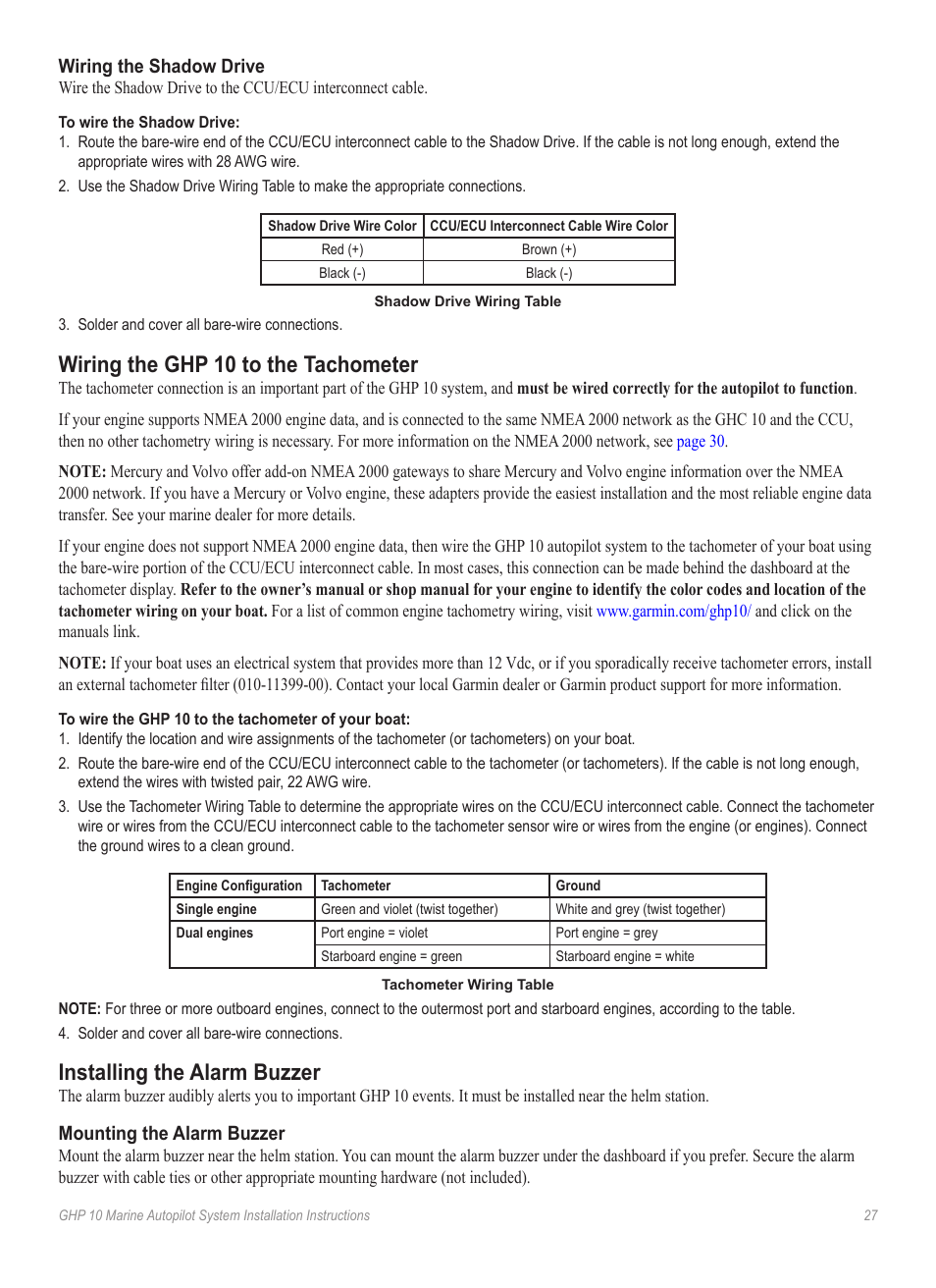 Wiring the shadow drive, Wiring the ghp 10 to the tachometer, Installing the alarm buzzer | Mounting the alarm buzzer, Garmin part number: 010-1 | Garmin GHP 10 User Manual | Page 27 / 48
