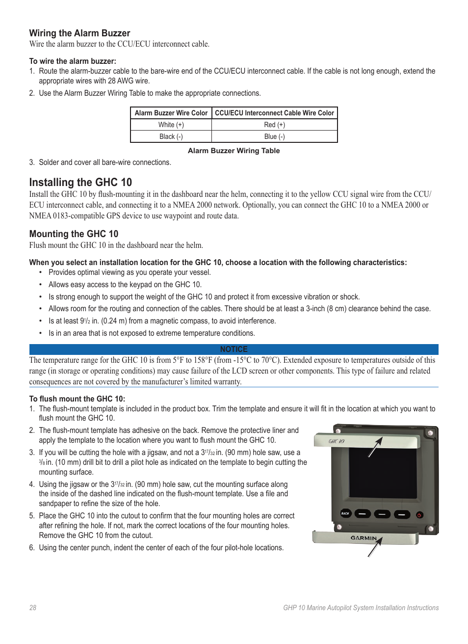 Wiring the alarm buzzer, Installing the ghc 10, Mounting the ghc 10 | Garmin GHP 10 User Manual | Page 28 / 48