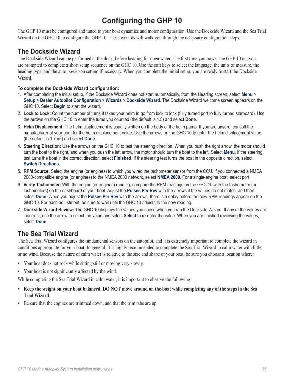 Configuring the ghp 10, The dockside wizard, The sea trial wizard | Garmin GHP 10 User Manual | Page 35 / 48