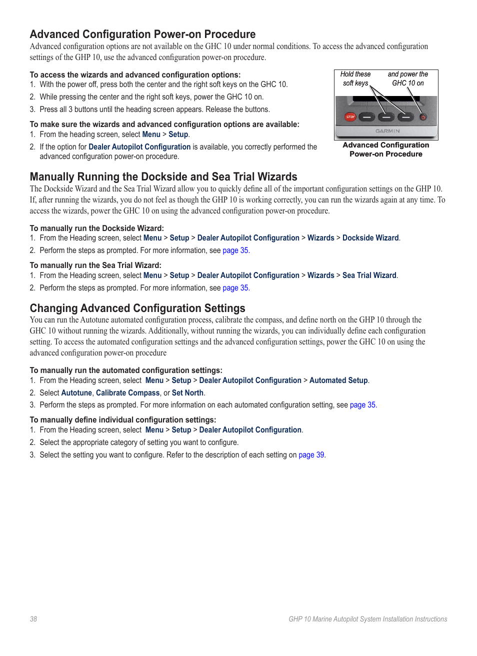 Advanced configuration power-on procedure, Changing advanced configuration settings | Garmin GHP 10 User Manual | Page 38 / 48