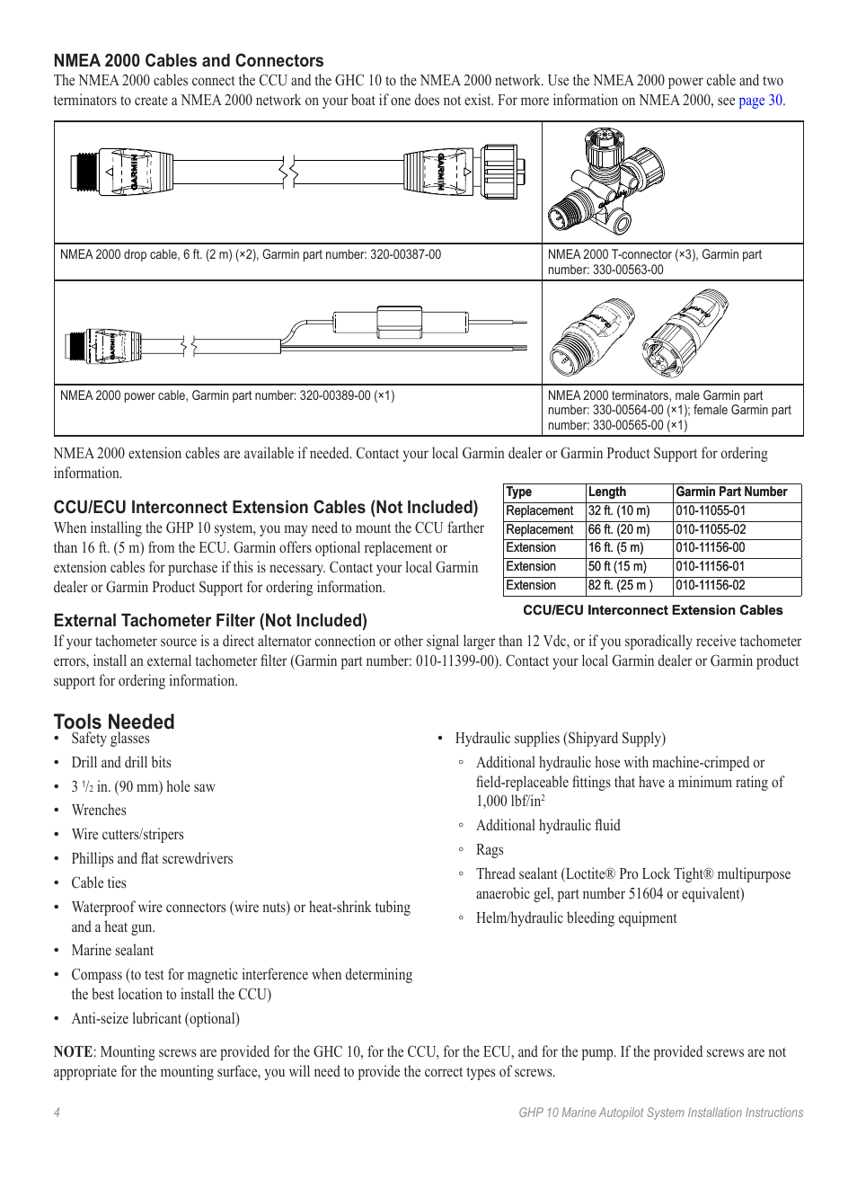 Nmea 2000 cables and connectors, External tachometer filter (not included), Tools needed | Garmin GHP 10 User Manual | Page 4 / 48