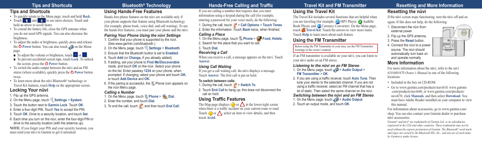 Tips and shortcuts bluetooth, Locking your nüvi, Using hands-free features | Using traffic features, Using the travel kit, Using the fm transmitter, Resetting the nüvi, More information | Garmin NUVI nuvi660 User Manual | Page 2 / 2
