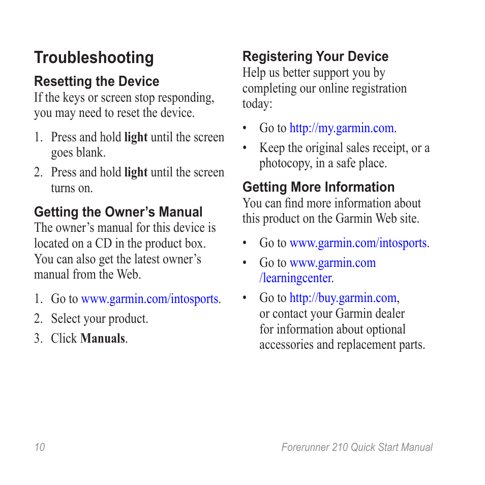 Troubleshooting | Garmin FORERUNNER 210 User Manual | Page 10 / 12