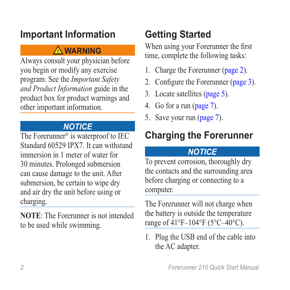 Important information, Getting started, Charging the forerunner | Garmin FORERUNNER 210 User Manual | Page 2 / 12