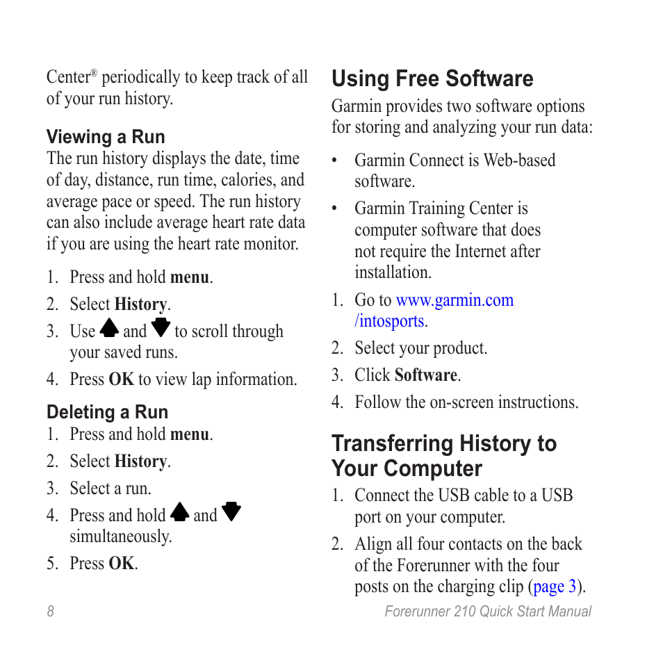 Using free software, Transferring history to your computer | Garmin FORERUNNER 210 User Manual | Page 8 / 12