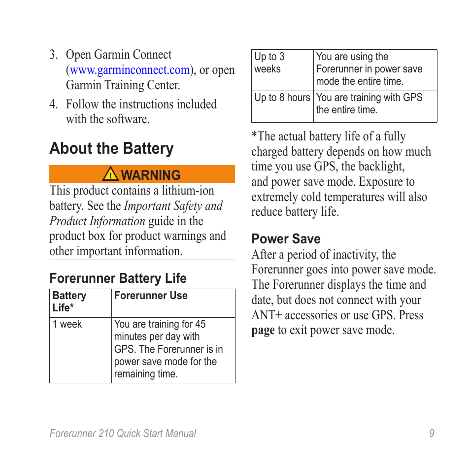 About the battery | Garmin FORERUNNER 210 User Manual | Page 9 / 12