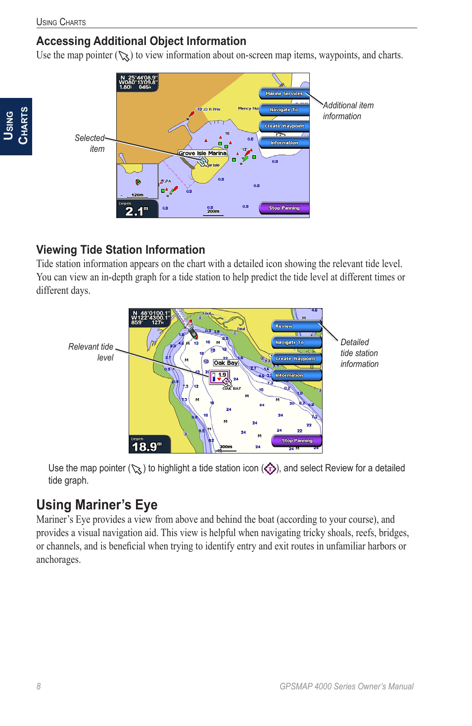 Using mariner’s eye, Accessing additional object information, Viewing tide station information | Garmin GPSMAP 4000 User Manual | Page 12 / 74