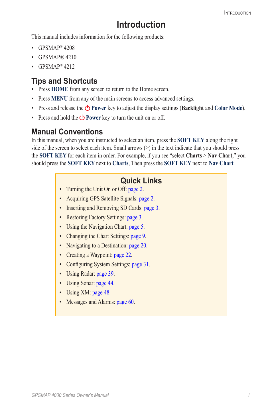 Introduction, Tips and shortcuts, Manual conventions | Quick links | Garmin GPSMAP 4000 User Manual | Page 3 / 74