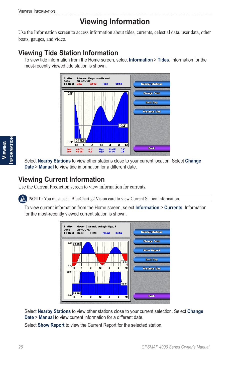 Viewing information, Viewing tide station information, Viewing current information | Garmin GPSMAP 4000 User Manual | Page 30 / 74