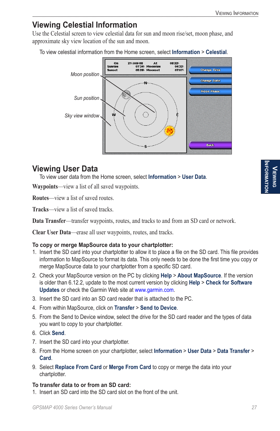 Viewing celestial information, Viewing user data | Garmin GPSMAP 4000 User Manual | Page 31 / 74