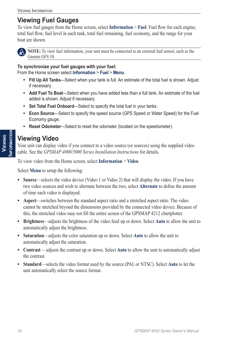 Viewing fuel gauges, Viewing video | Garmin GPSMAP 4000 User Manual | Page 34 / 74