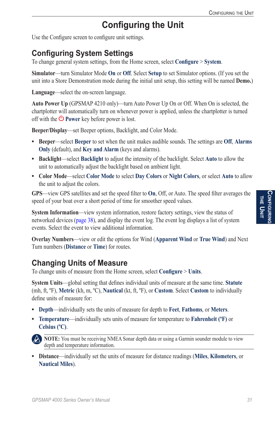 Configuring the unit, Configuring system settings, Changing units of measure | Garmin GPSMAP 4000 User Manual | Page 35 / 74