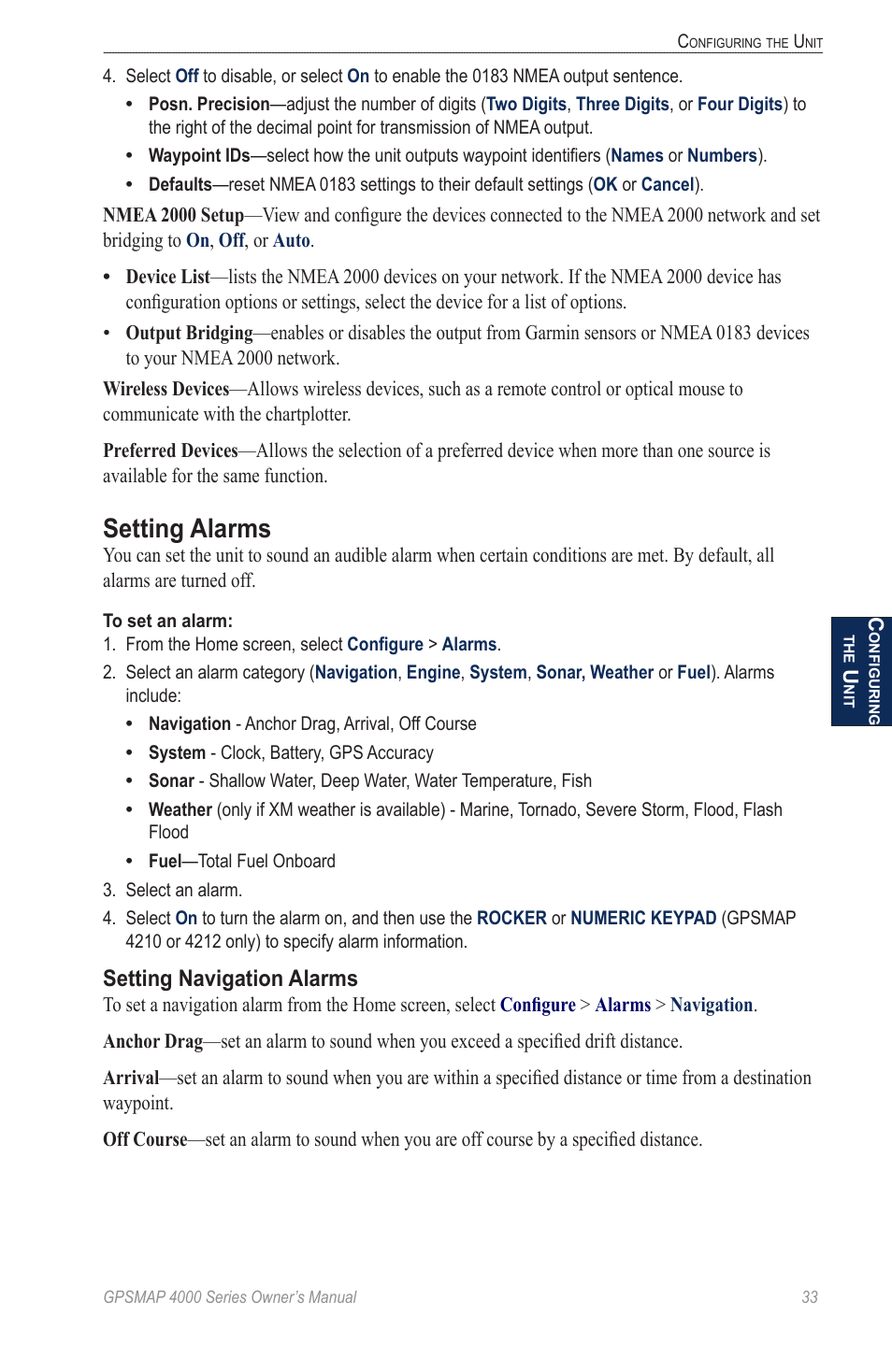 Setting alarms, Setting navigation alarms | Garmin GPSMAP 4000 User Manual | Page 37 / 74