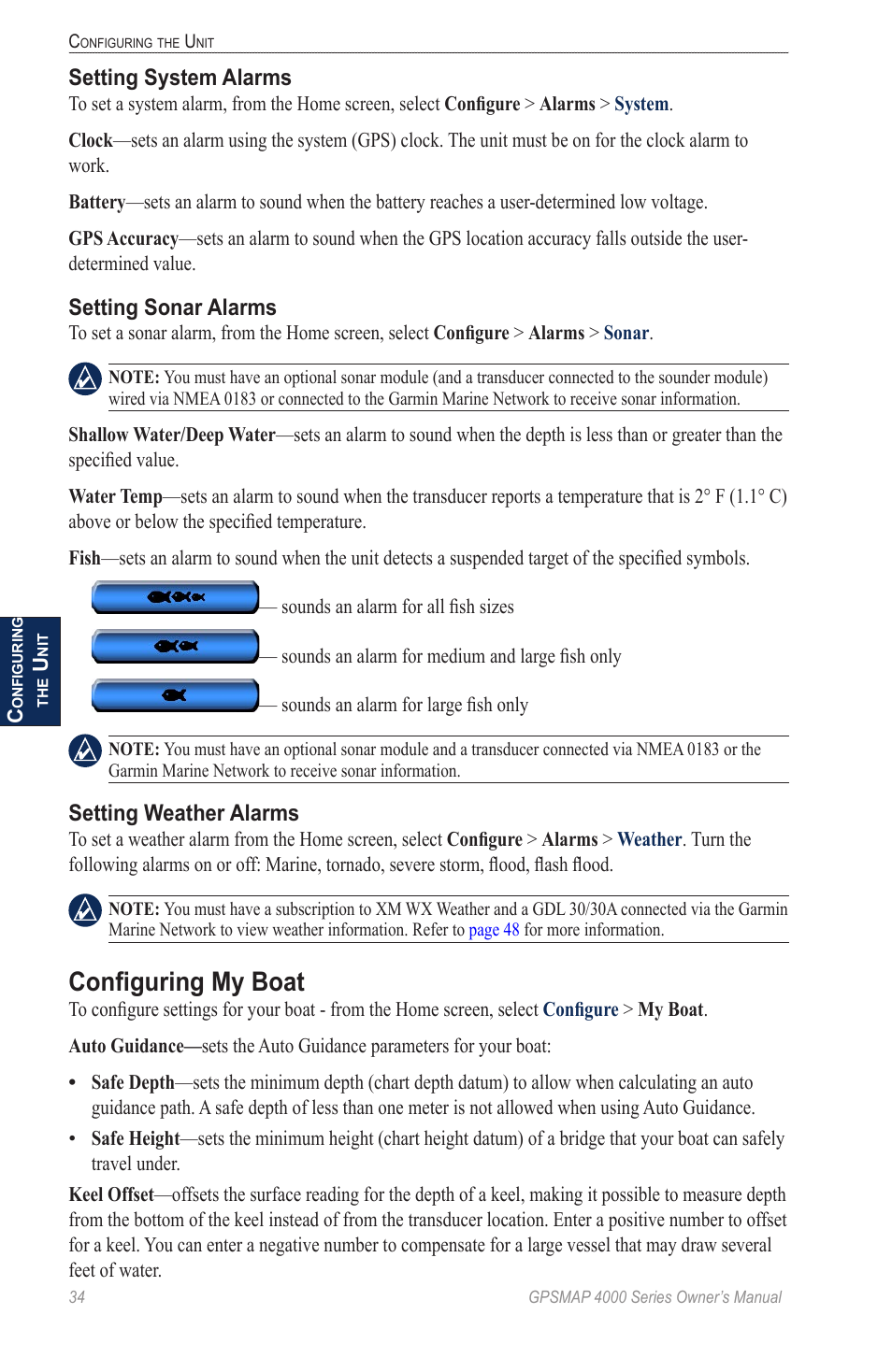 Configuring my boat, Ision chart information. see, For instructions on setting up | Setting system alarms, Setting sonar alarms, Setting weather alarms | Garmin GPSMAP 4000 User Manual | Page 38 / 74