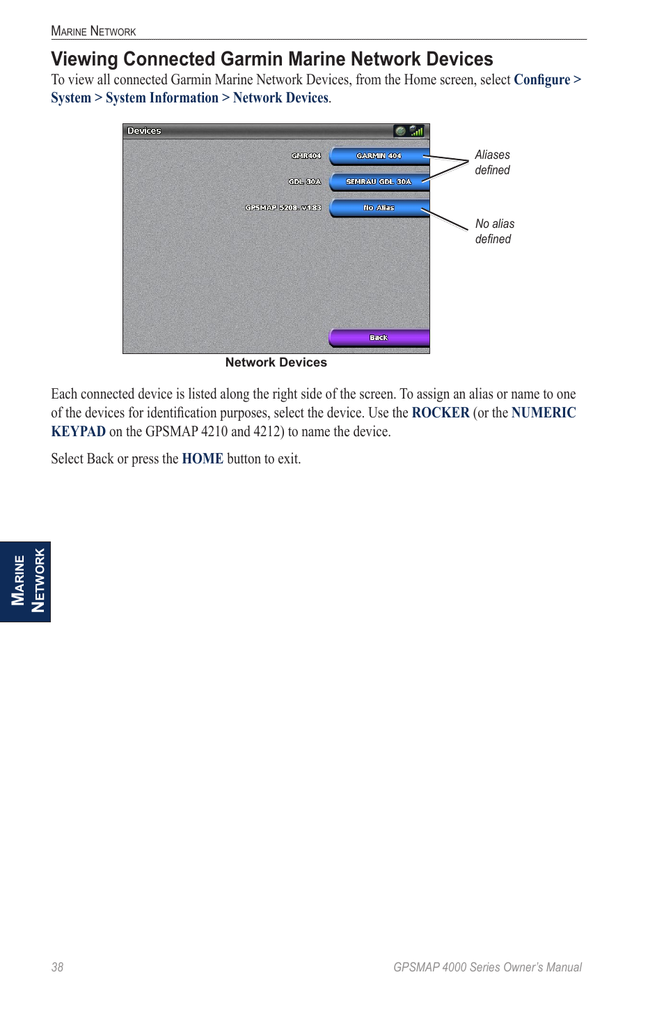 Viewing connected garmin marine network devices, Viewing connected garmin marine, Network devices | Garmin GPSMAP 4000 User Manual | Page 42 / 74