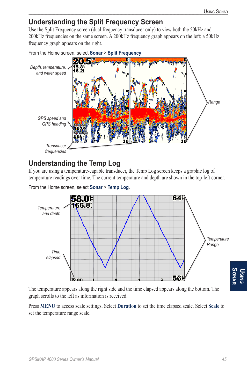 Understanding the split frequency screen, Understanding the temp log, Understanding the split frequency | Screen | Garmin GPSMAP 4000 User Manual | Page 49 / 74