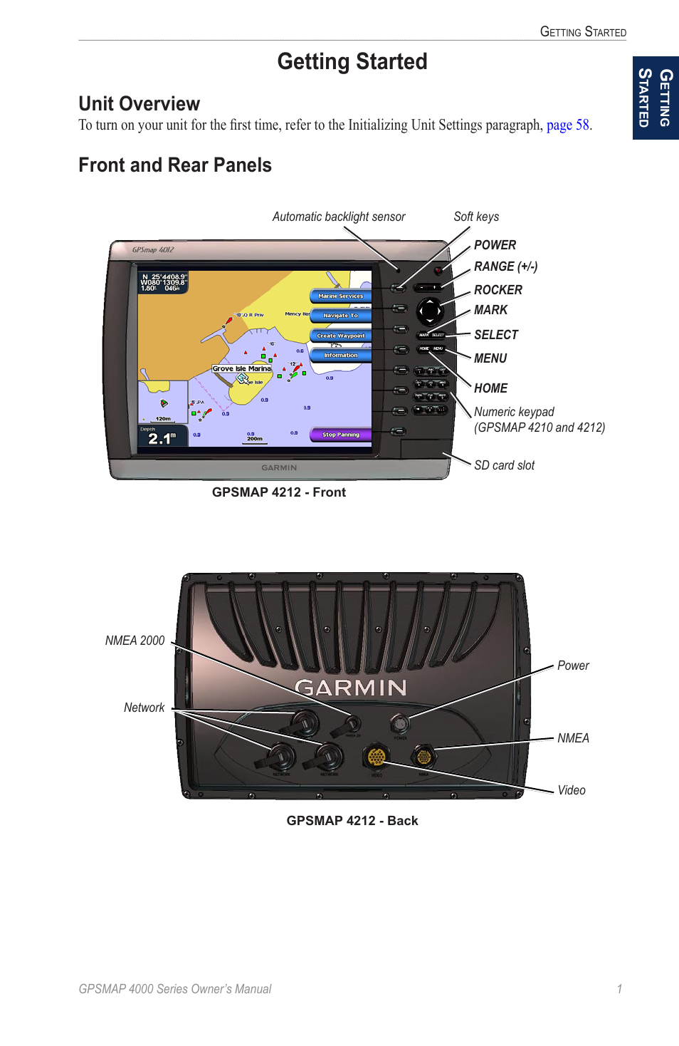 Getting started, Unit overview, Front and rear panels | Garmin GPSMAP 4000 User Manual | Page 5 / 74