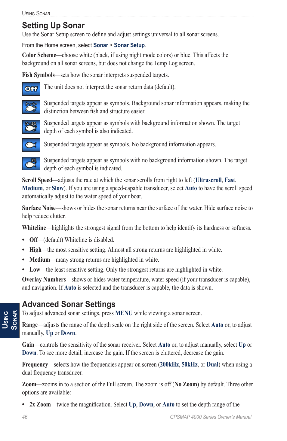 Setting up sonar, Advanced sonar settings | Garmin GPSMAP 4000 User Manual | Page 50 / 74