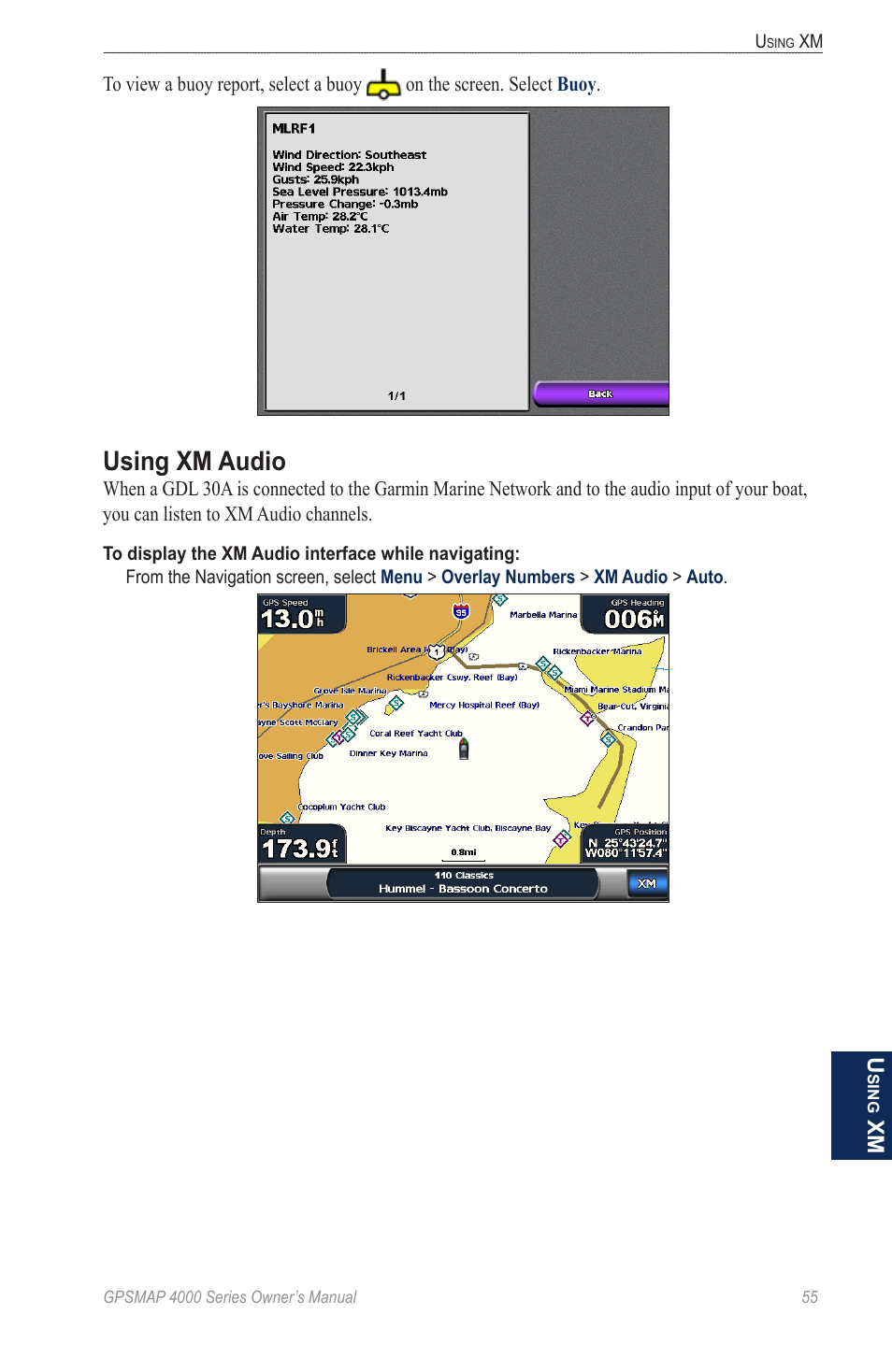 Using xm audio | Garmin GPSMAP 4000 User Manual | Page 59 / 74